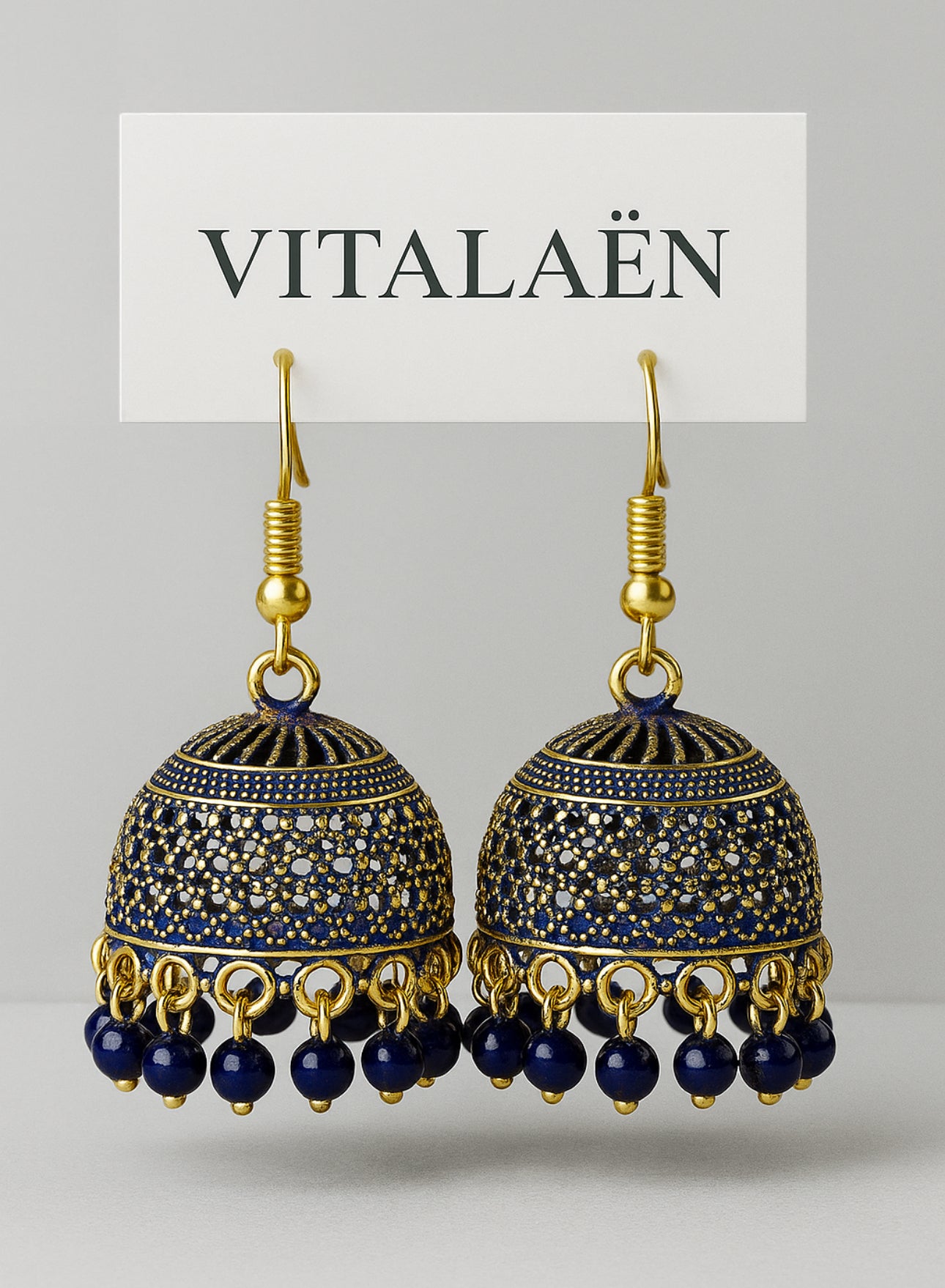 Noir Royale – Handcrafted Midnight Blue Kundan Jhumkas with Antique Gold Finish