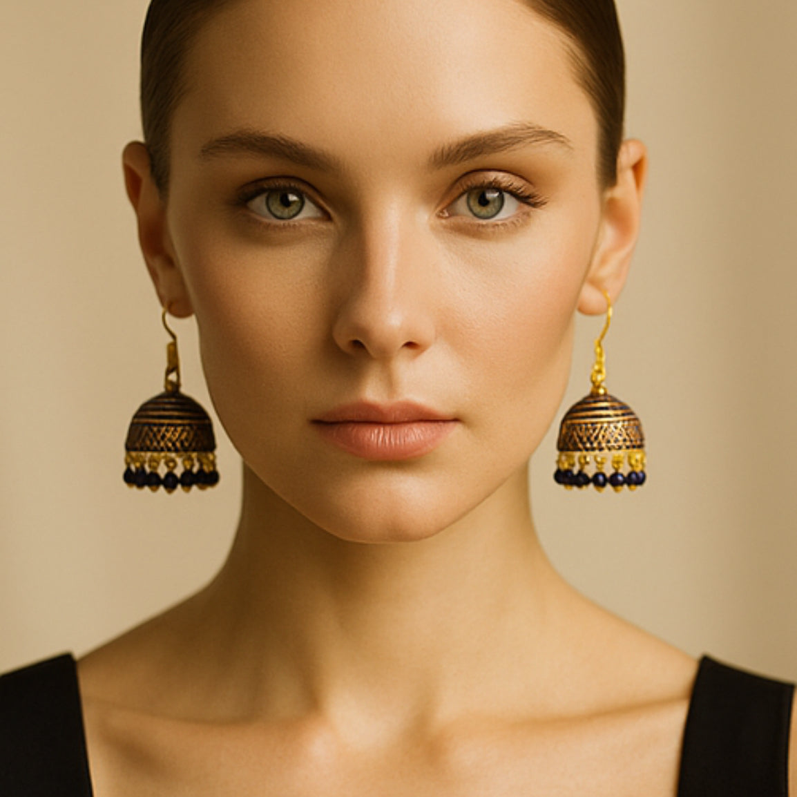 Noir Royale – Handcrafted Midnight Blue Kundan Jhumkas with Antique Gold Finish