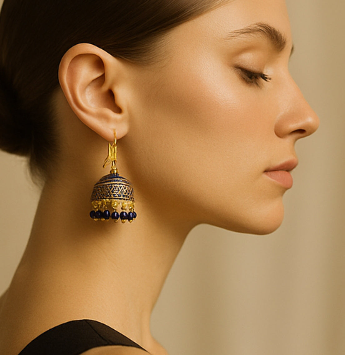 Noir Royale – Handcrafted Midnight Blue Kundan Jhumkas with Antique Gold Finish