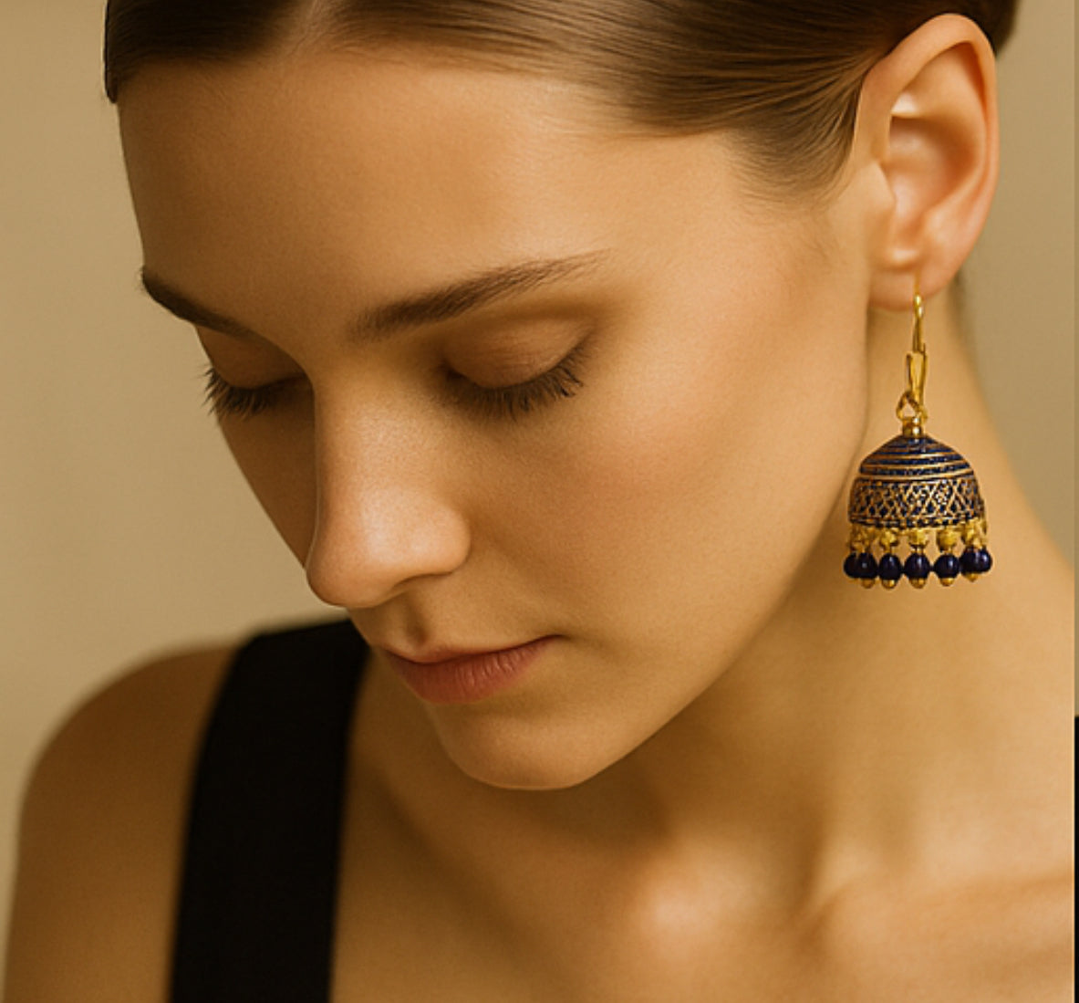 Noir Royale – Handcrafted Midnight Blue Kundan Jhumkas with Antique Gold Finish