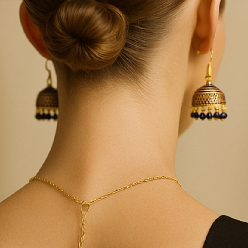 Noir Royale – Handcrafted Midnight Blue Kundan Jhumkas with Antique Gold Finish